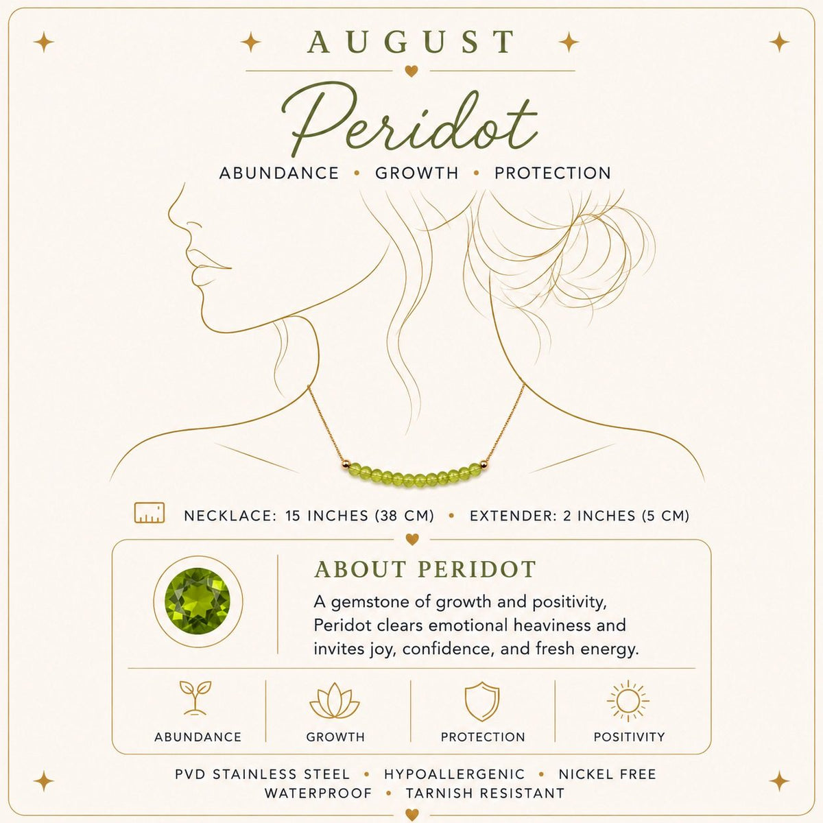 August peridot birthstone necklace size and material details