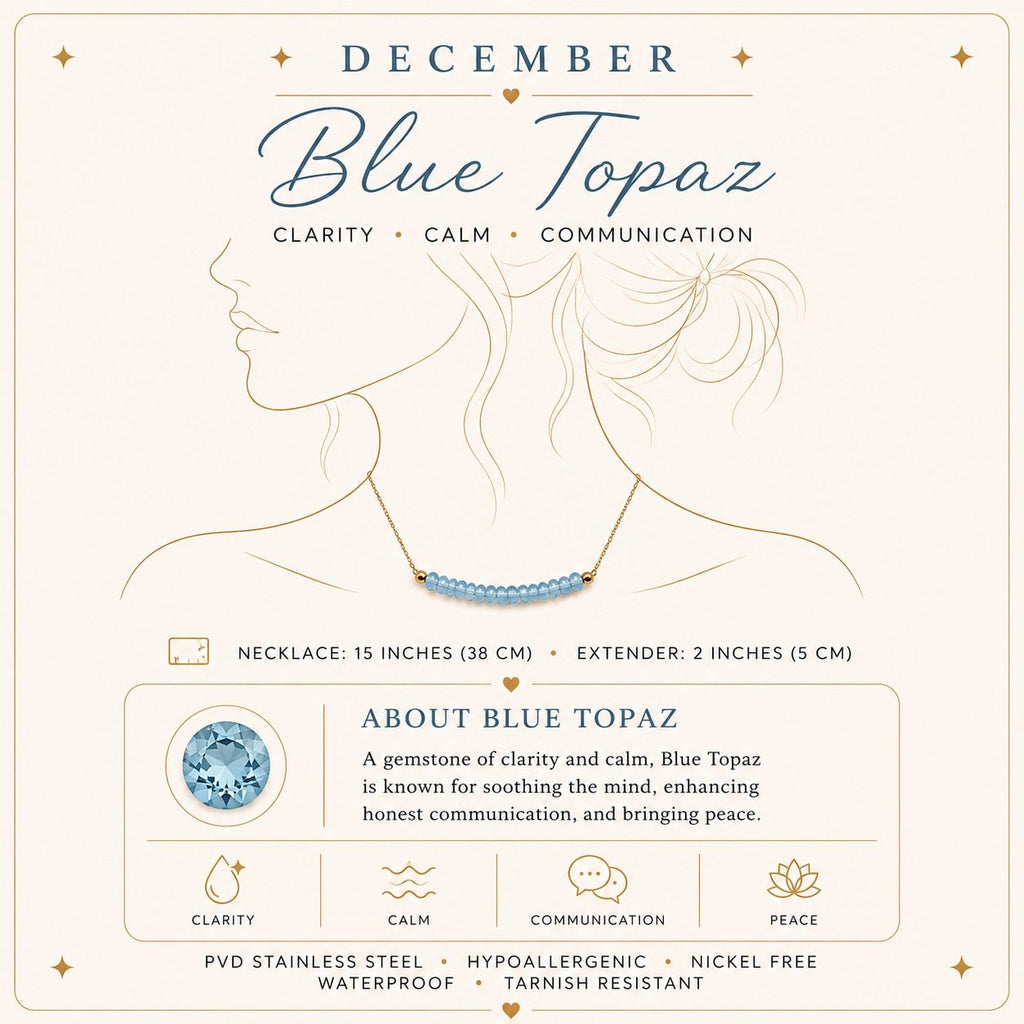 December blue topaz birthstone necklace size and material details
