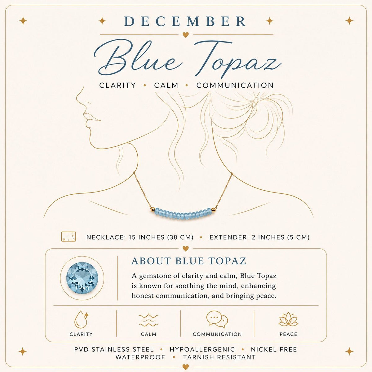 December blue topaz birthstone necklace size and material details
