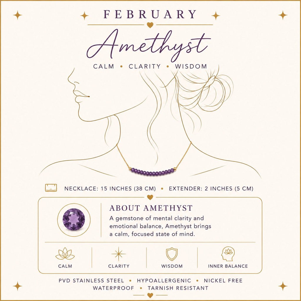 February amethyst birthstone necklace size and material details