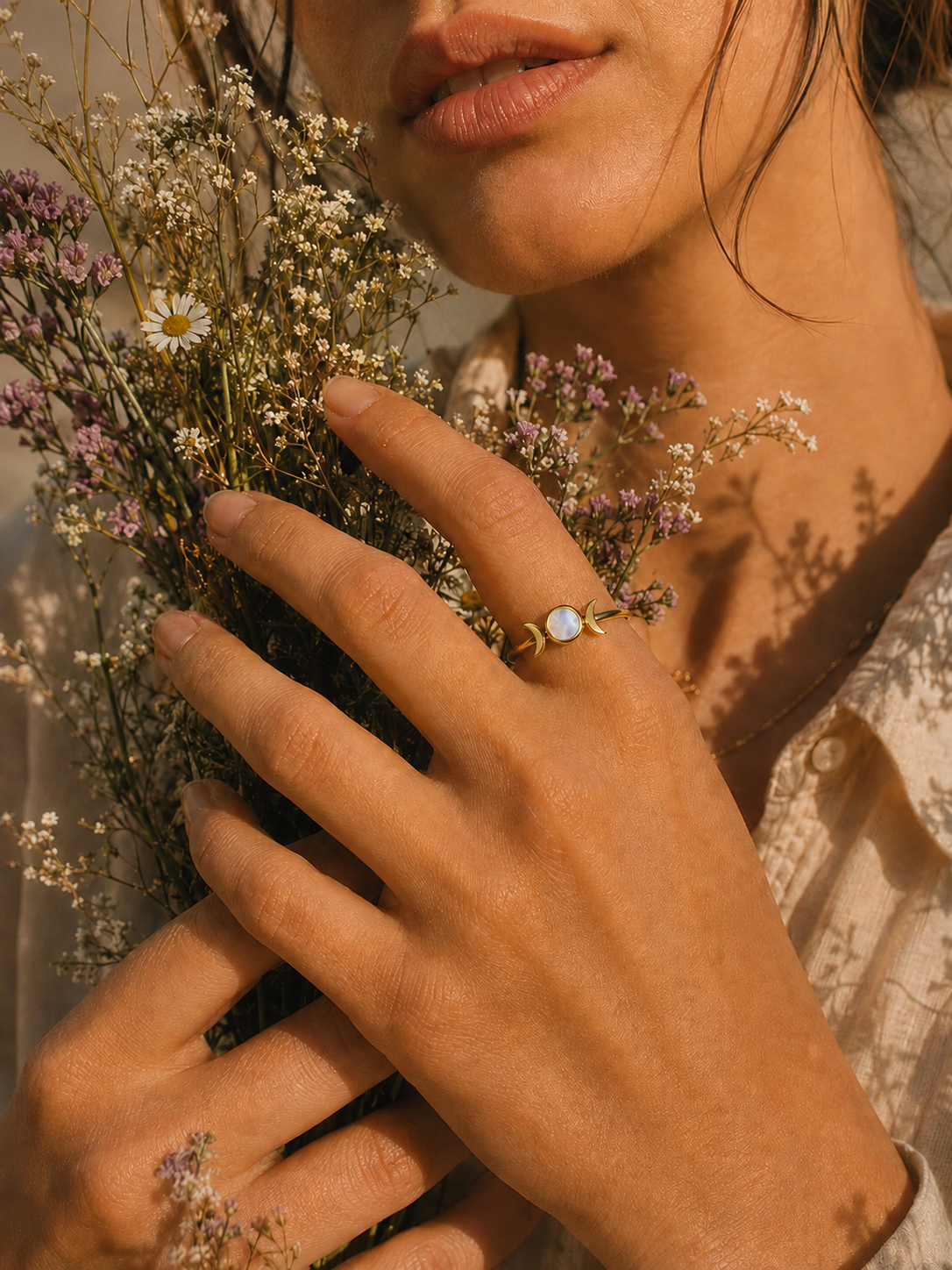 A close-up lifestyle shot of a woman holding dried flowers, wearing a delicate gold ring with a round white cabochon stone on her finger.