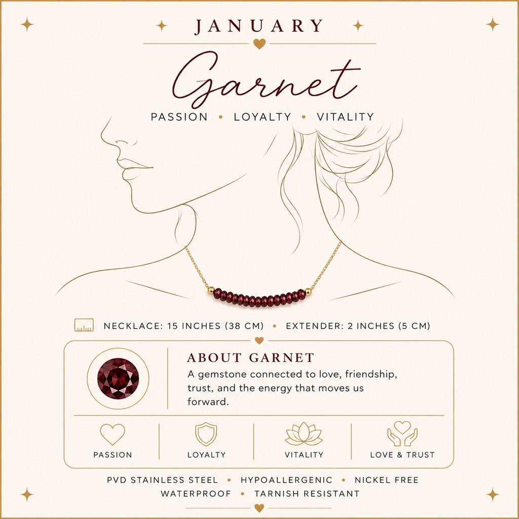 January garnet birthstone necklace size and material details
