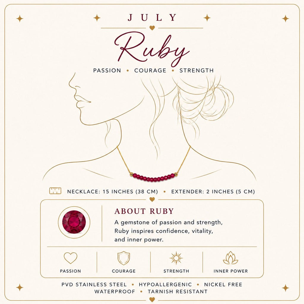 July ruby birthstone necklace size and material details