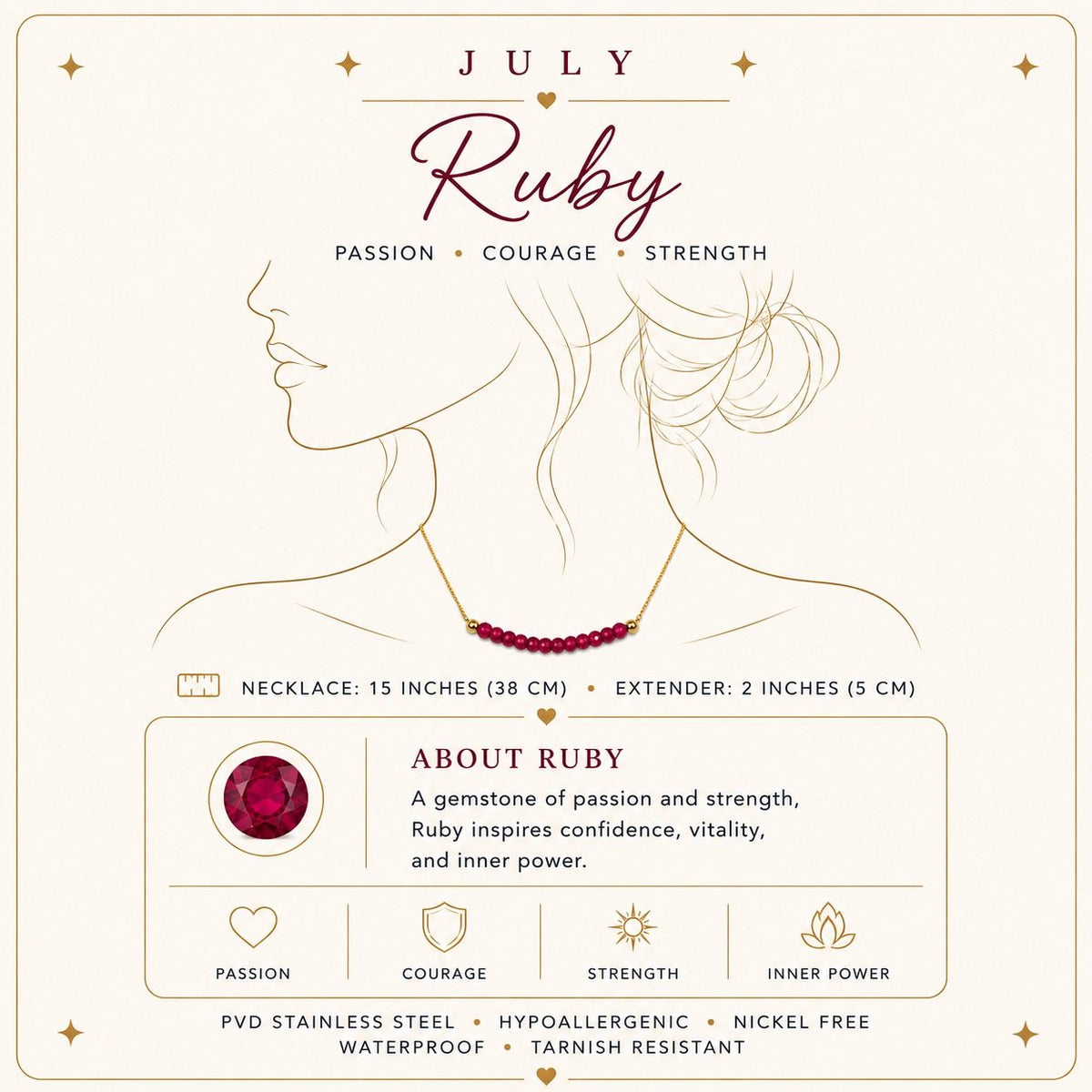 July ruby birthstone necklace size and material details