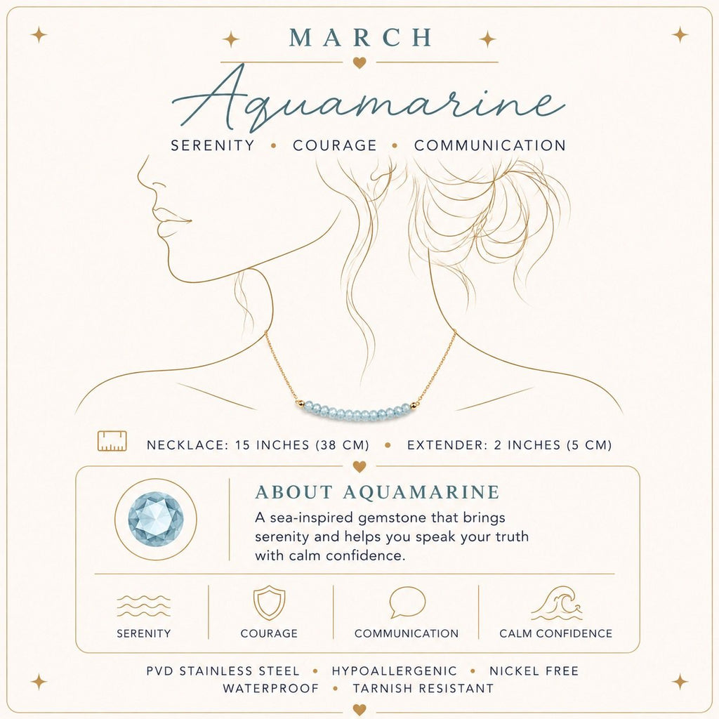 March aquamarine birthstone necklace size and material details