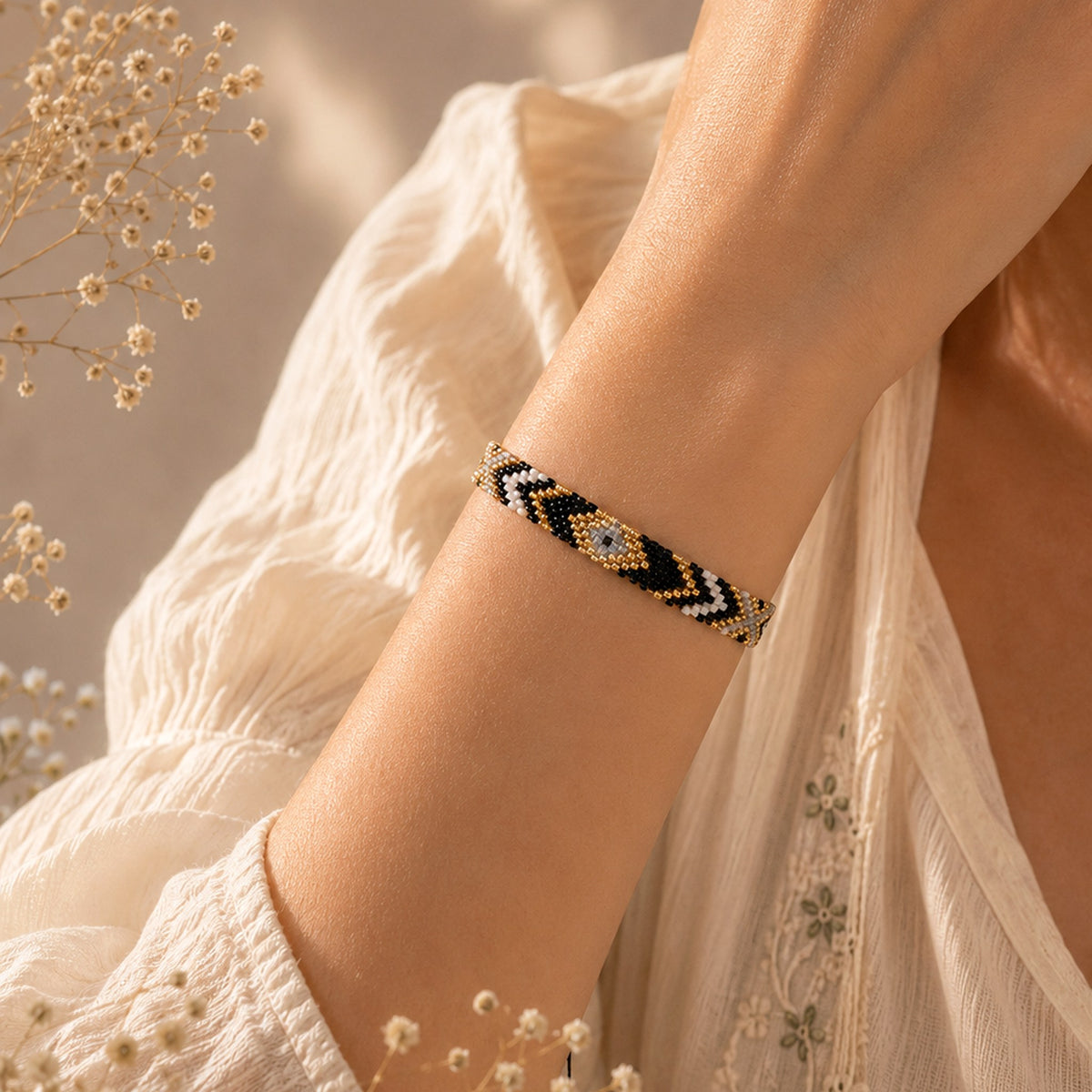 Model wearing the Woven Roots Onyx handwoven Miyuki bracelet