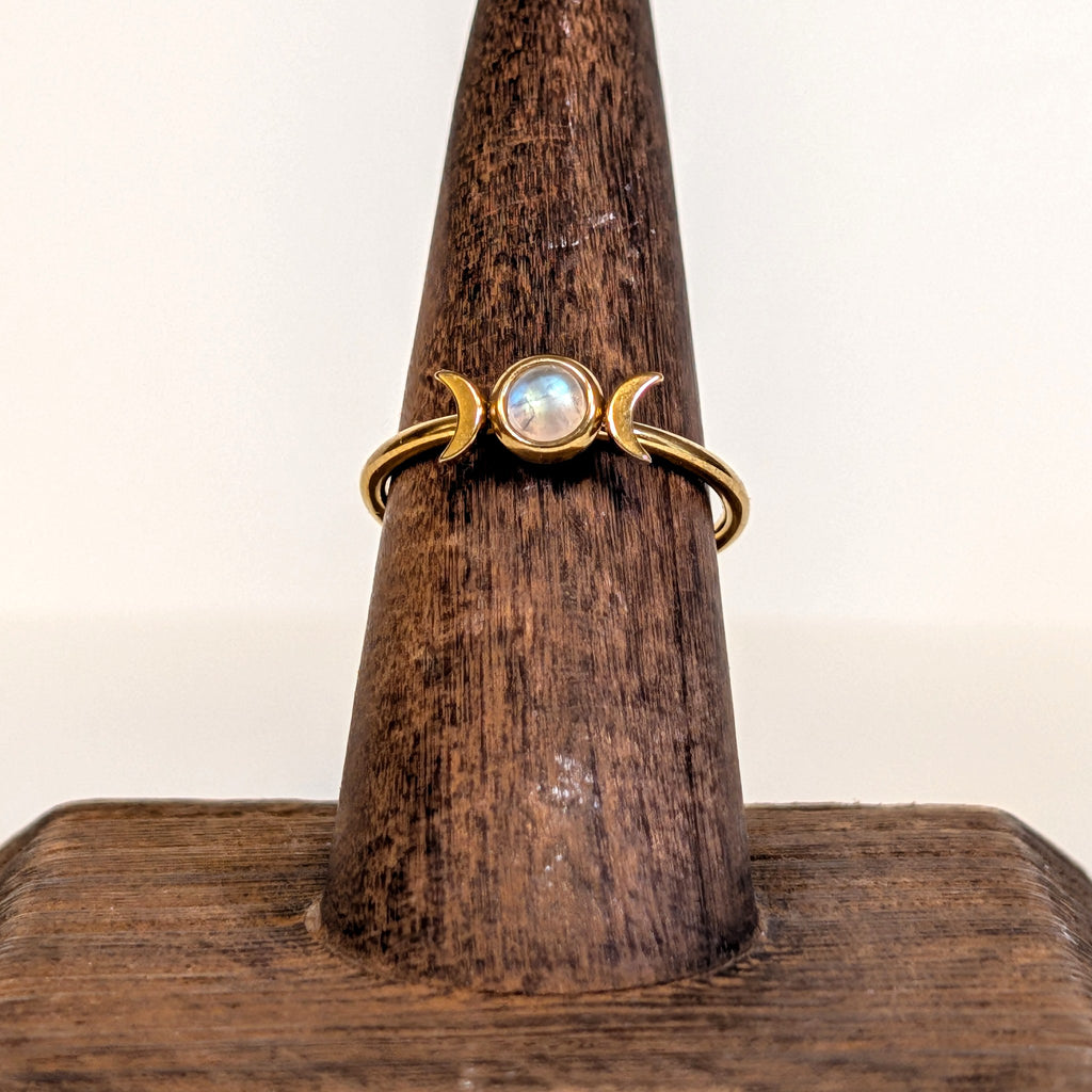 Moon Goddess Ring seen from another angle, showing the triple moon setting