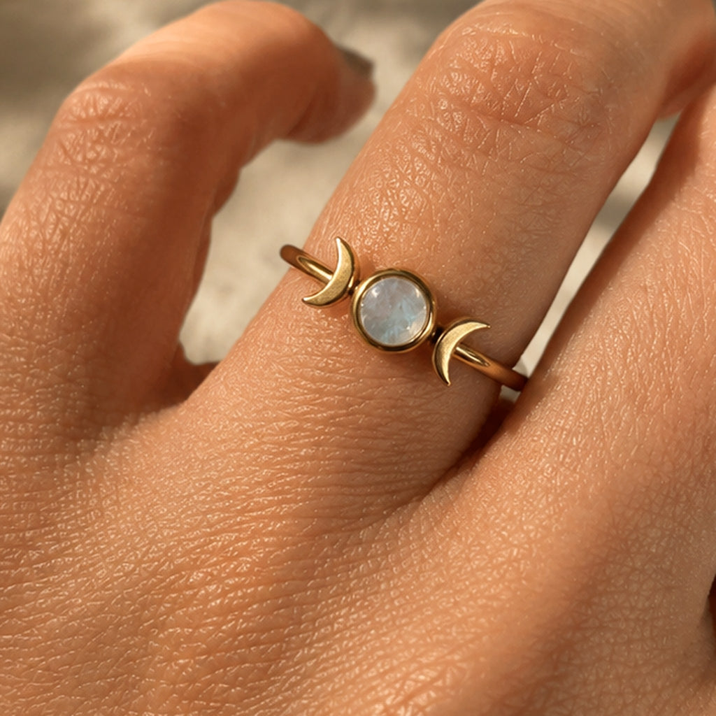Moon Goddess Ring in rainbow moonstone worn on the hand