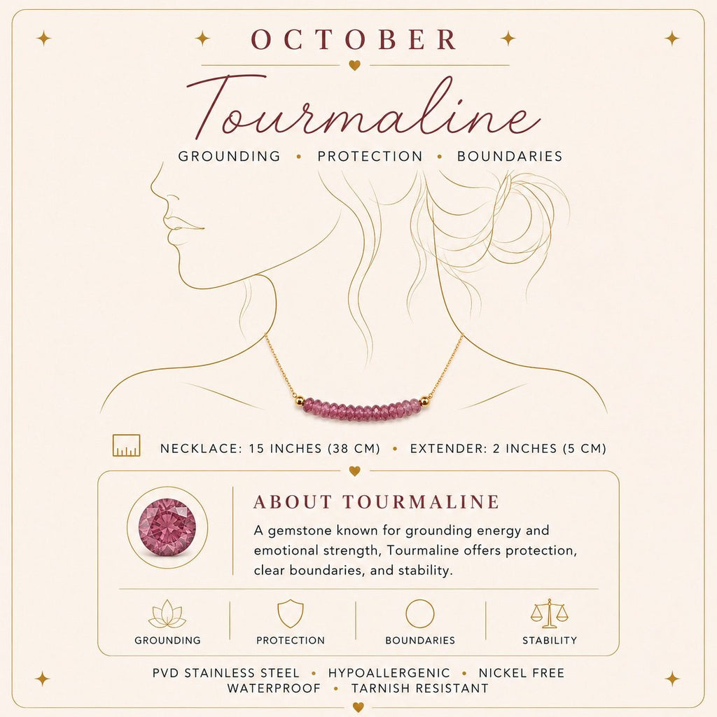 October tourmaline birthstone necklace size and material details
