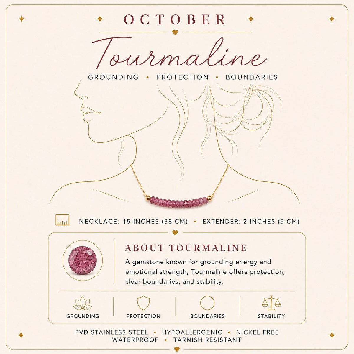 October tourmaline birthstone necklace size and material details