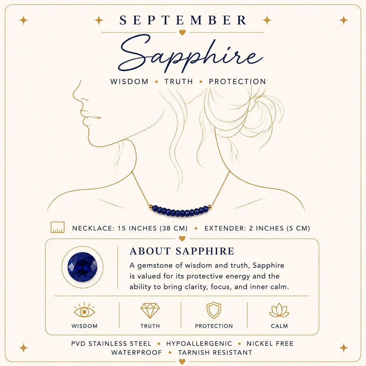 September sapphire birthstone necklace size and material details